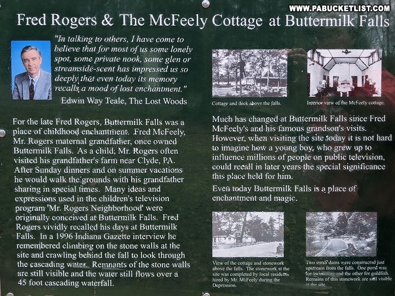 A sign about Fred Rogers connection to Buttermilk Falls.