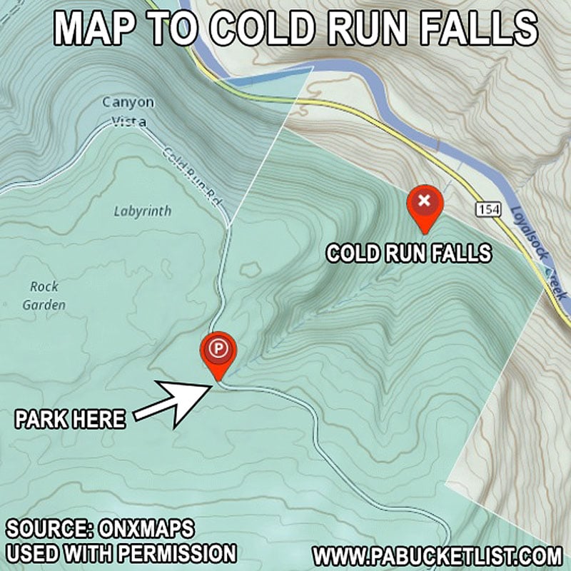 A map to the falls on Cold Run n the Loyalsock State Forest.