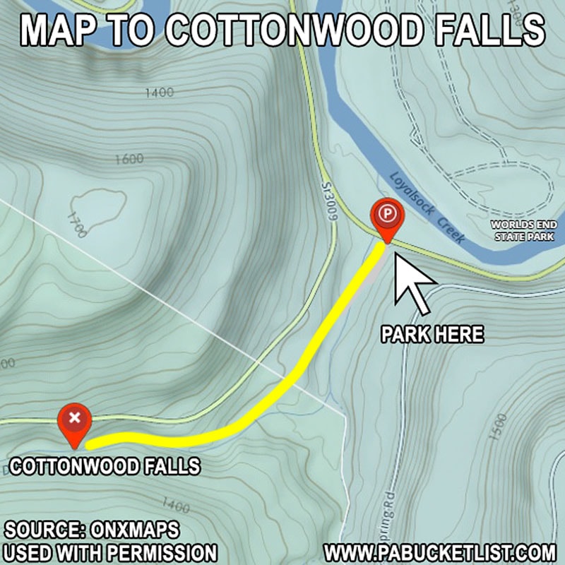 A map to Cottonwood Falls in the Loyalsock State Forest.