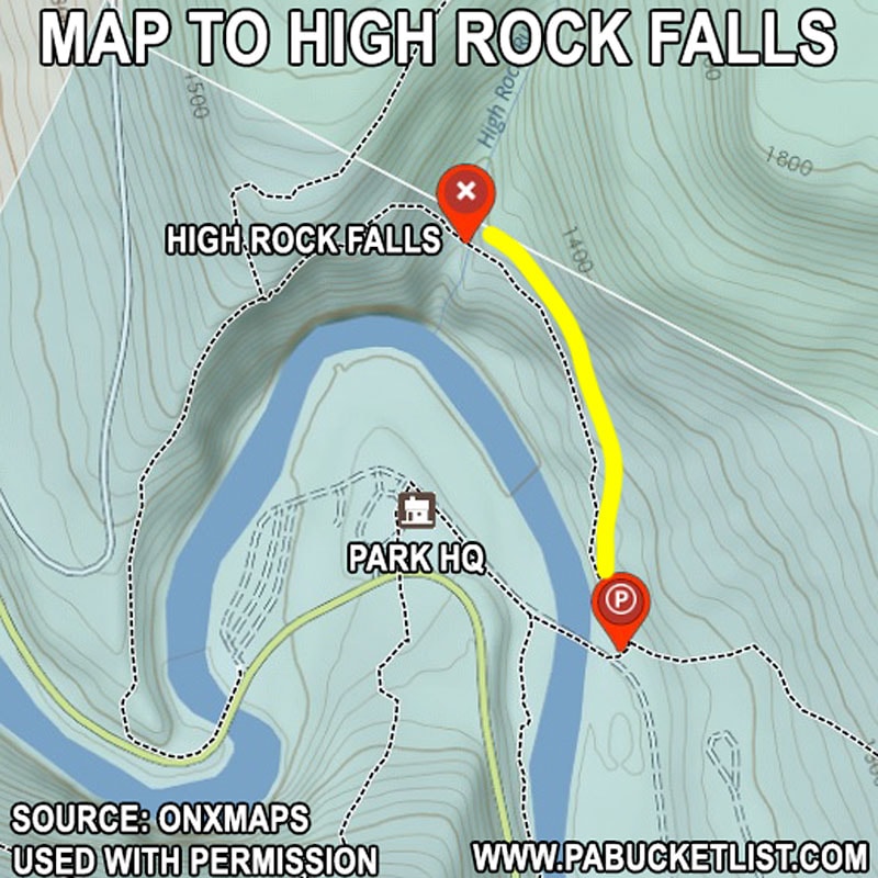 A map to High Rock Falls at Worlds End State Park