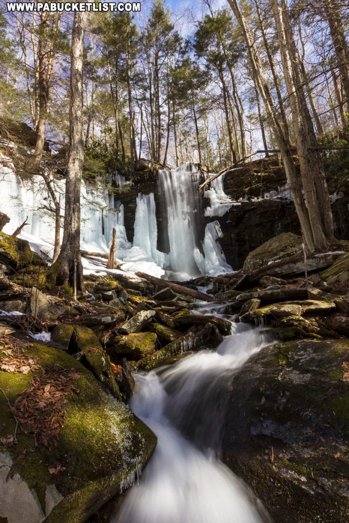 A downstream view of Jacoby Falls on a winter day.