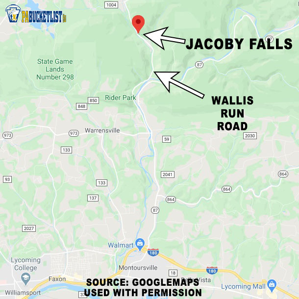 A road map to the Jacoby Falls Trailhead along Wallis Run Road in Lycoming County.