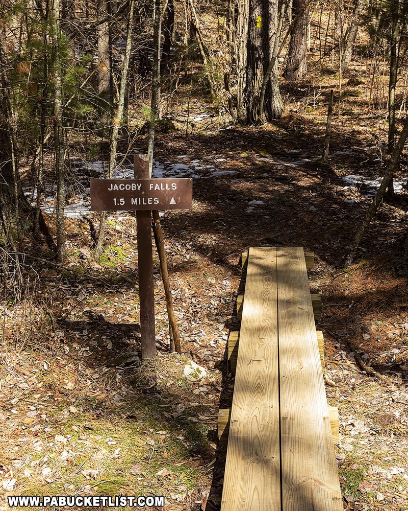 Jacoby Falls trail sign in the Loyalsock State Forest