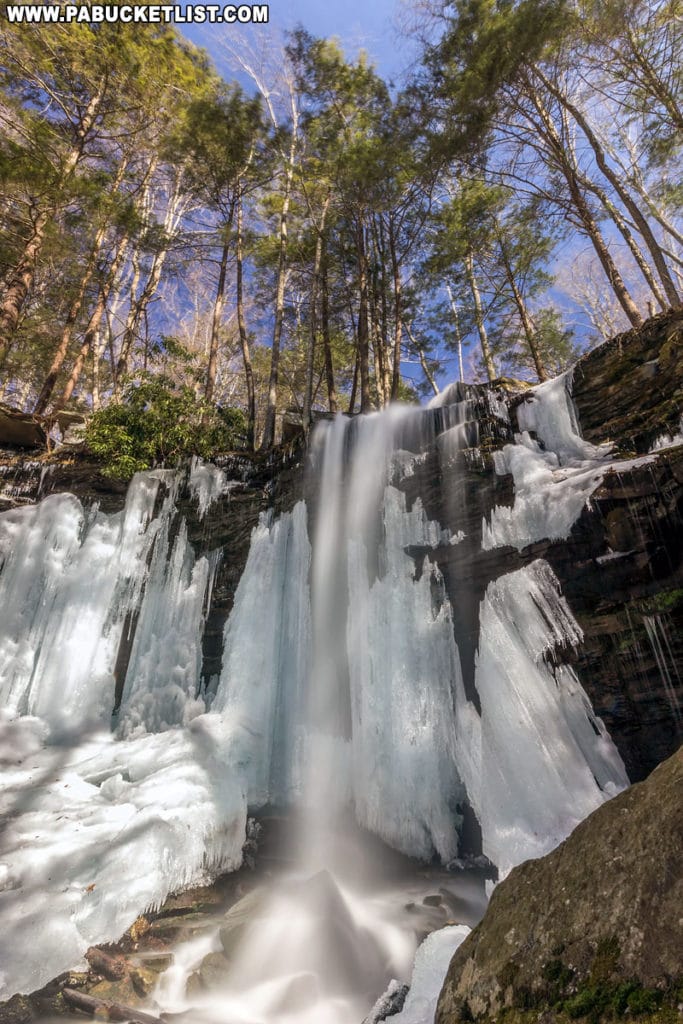 An icy side view of Jacoby Falls.