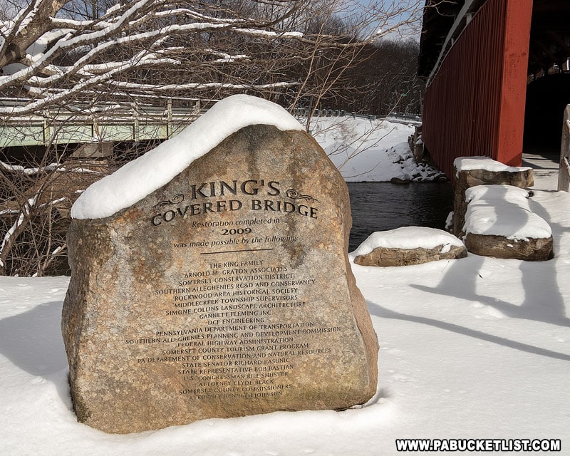 Historical monument at Kings Covered Bridge in Somerset County.