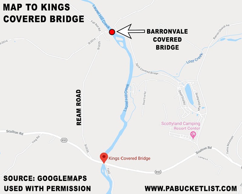 A map to Kings Covered Bridge in Somerset County.