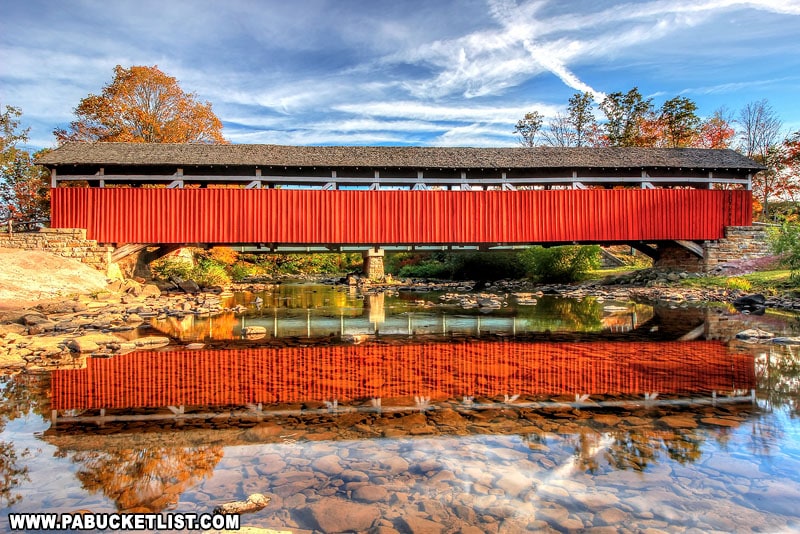 An autumn reflection of Kings Covered Bridge.