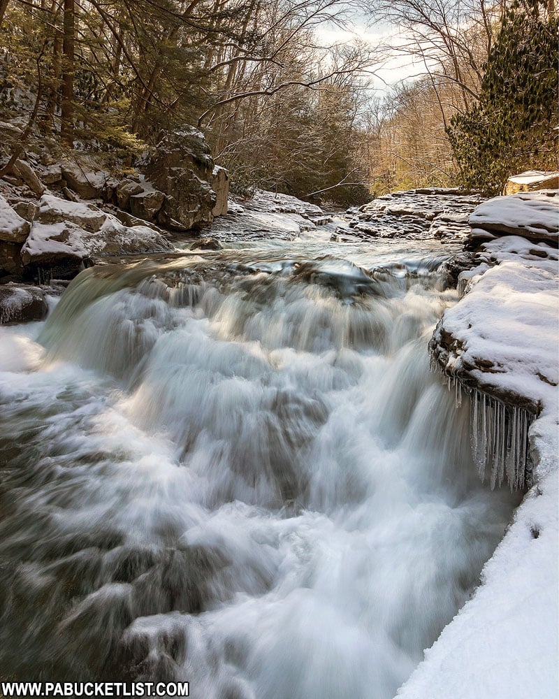The Natural Waterslides at Ohiopyle State Park on a winter afternoon.