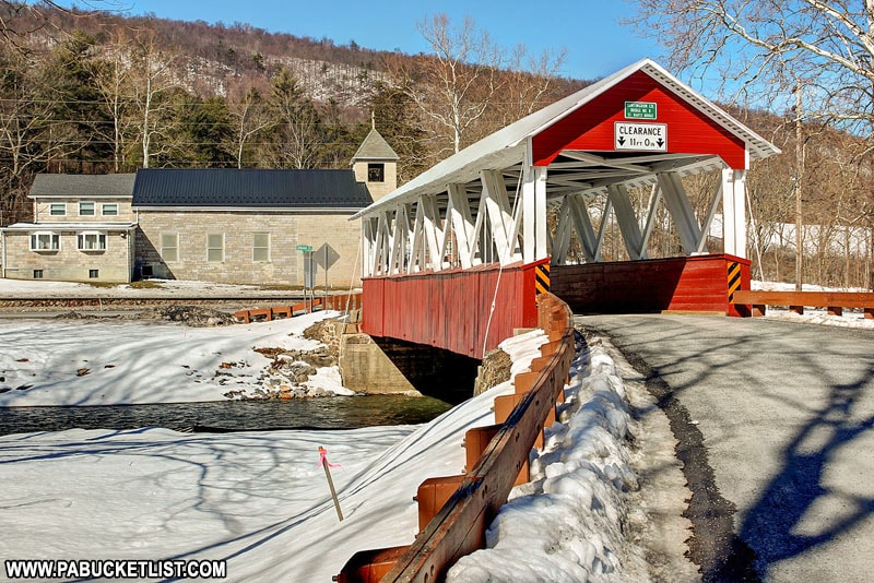 A winter view of Saint Marys Covered Bridge in Huntingdon County, PA