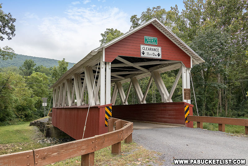 Approaching Saint Mary's Covered Bridge from Route 522 in Huntingdon County.