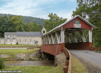 Saint Mary's Covered Bridge with Saint Mary's Catholic Church in the background.