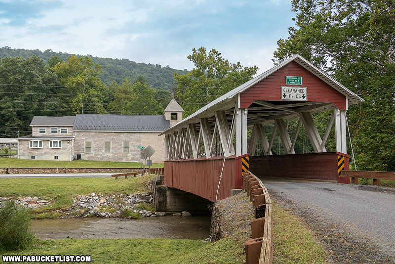 Saint Mary's Covered Bridge with Saint Mary's Catholic Church in the background.