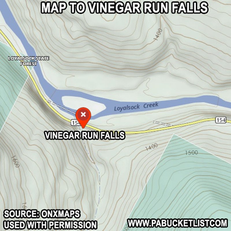 A map to Vinegar Run Falls along Route 154 in Sullivan County.