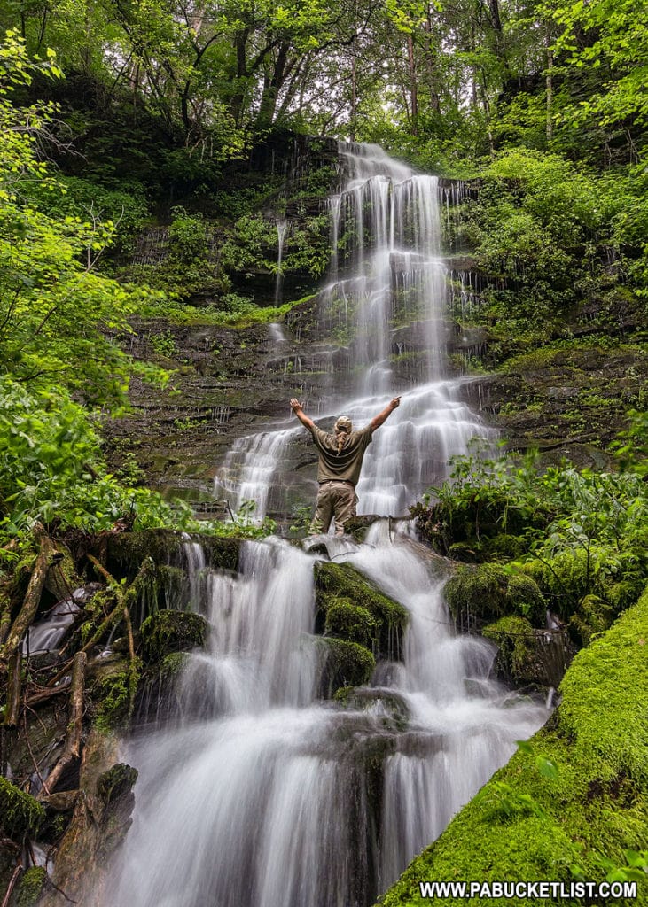 Hiker at Burdic Run Falls in Tioga County Pennsylvania