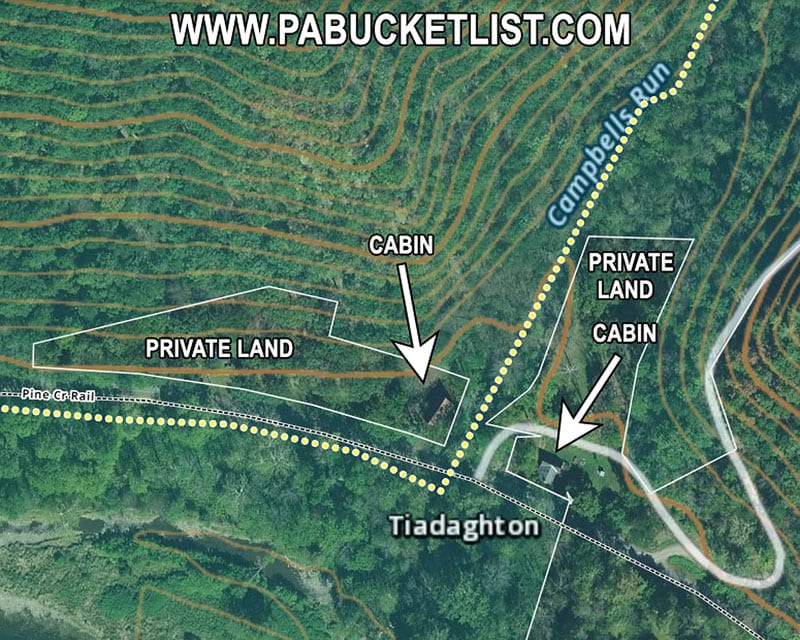 A close-up map of the Campbells Run Falls hike in Tioga County.