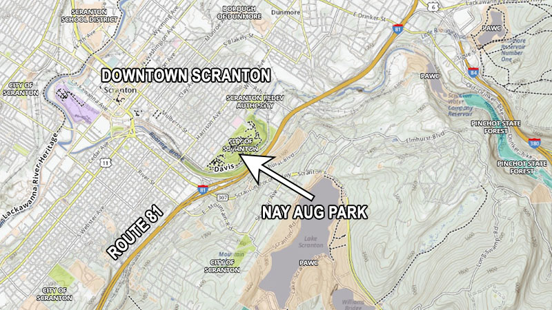 A map to Nay Aug Falls in Scranton Pennsylvania