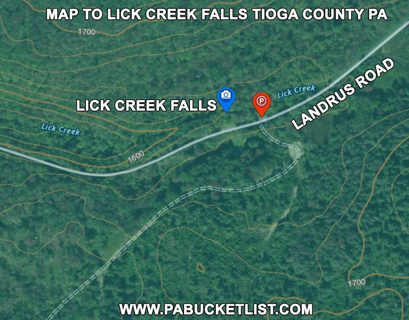 Map to Lick Creek Falls in Tioga County Pennsylvania