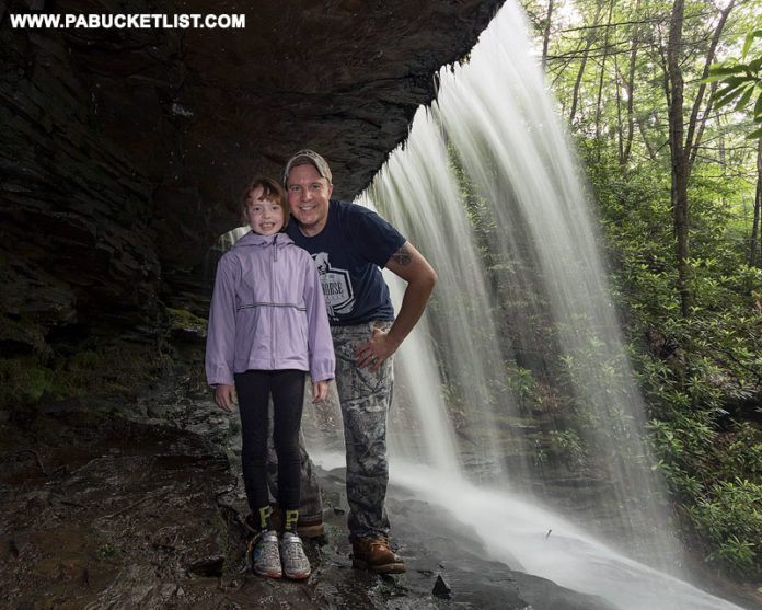 Standing behind Round Island Run Falls in Clinton County Pennsylvania