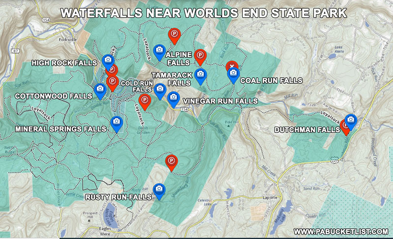 A map of 10 waterfalls near Worlds End State Park in Sullivan County Pennsylvania
