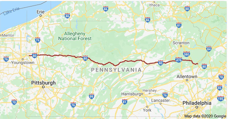 Map of Roadside attractions along Interstate 80 in Pennsylvania