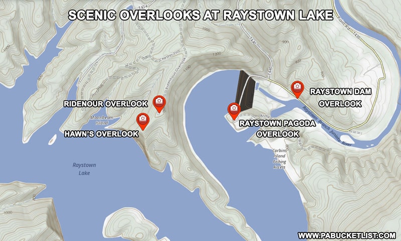 Map of the scenic overlooks near Raystown Lake in Huntingdon County Pennsylvania