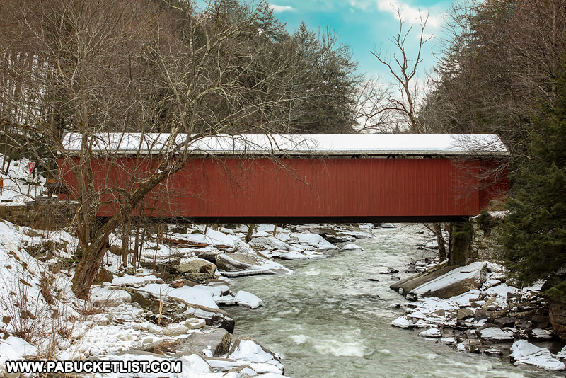 Side view of McConnells Mill Covered Bridge over Slippery Rock Creek