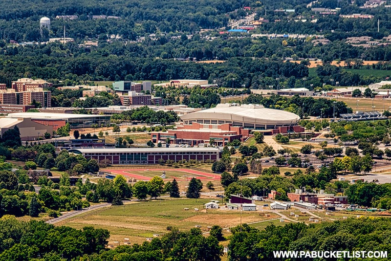 The Bryce Jordan Center and "Hockey Valley" as viewed from the top of Mount Nittany.