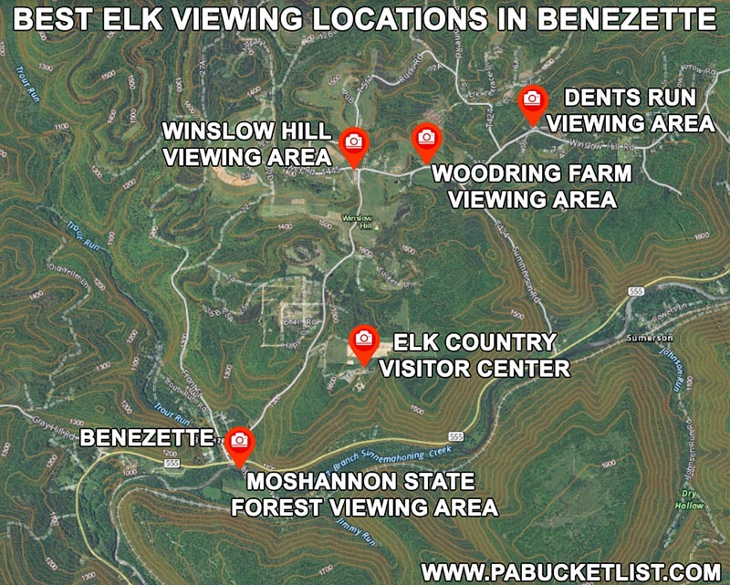 Map to the 5 best elk viewing areas in Benezette.