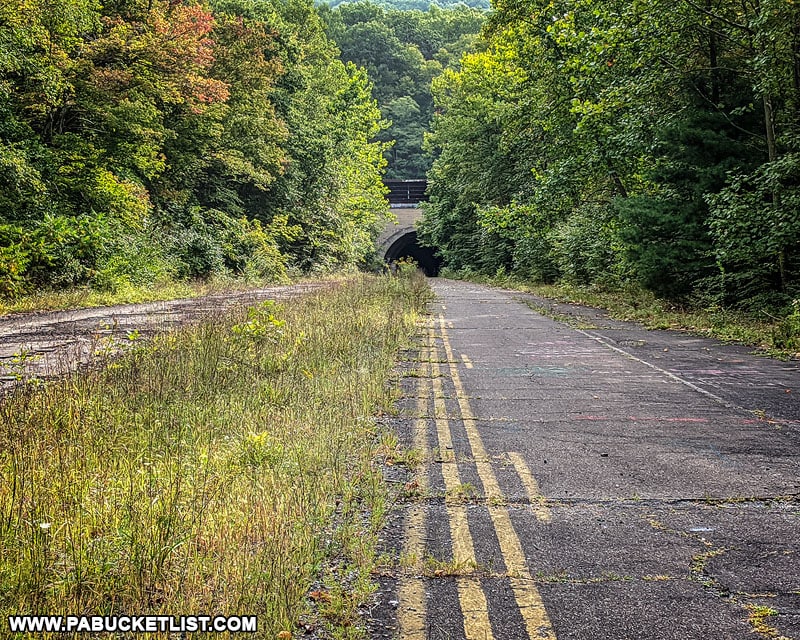 Approaching the western portal of the Sideling Hill Tunnel on the Abandoned PA Turnpike in September 2020.