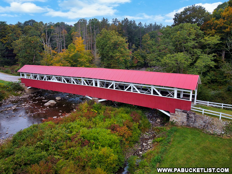 Aerial side view oof the Barronvale Covered Bridge in Somerset County PA.