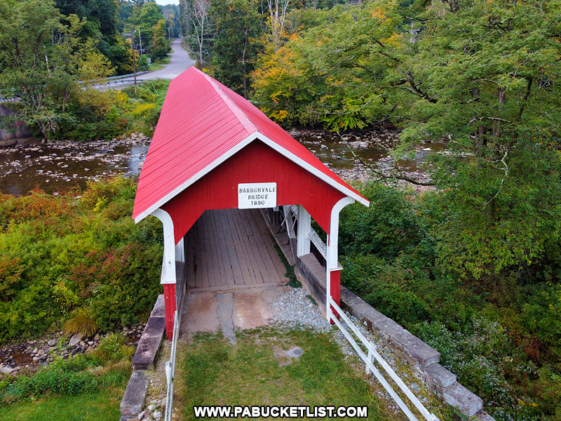 Aerial front view of the Barronvale Covered Bridge in Somerset County PA