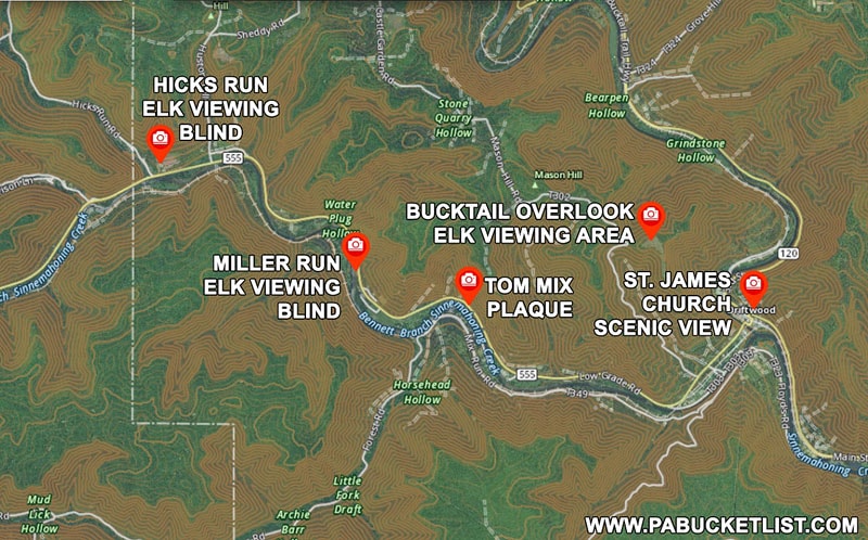 Map of popular elk viewing areas in Cameron County Pennsylvania.