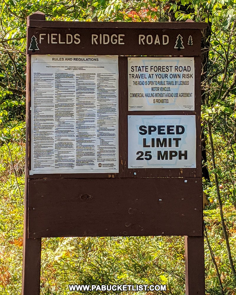 Fields Ridge Road sign along Route 144 in Centre County.