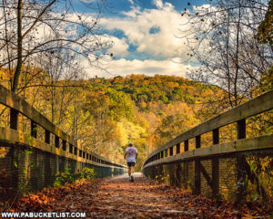Fall foliage around the High Bridge at Ohiopyle State Park in the Laurel Highlands.
