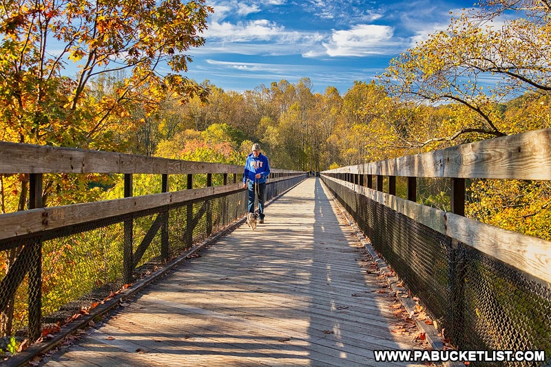 Fall foliage around the High Bridge over the Youghiogheny River along the Great Allegheny Passage.