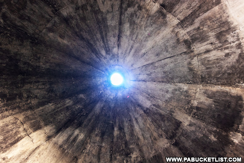 Looking straight up inside one of the abandoned Alvira munitions bunkers in Union County.