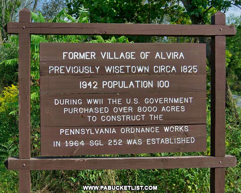 Sign at the site of Alvira and the abandoned munitions bunkers in Union County PA