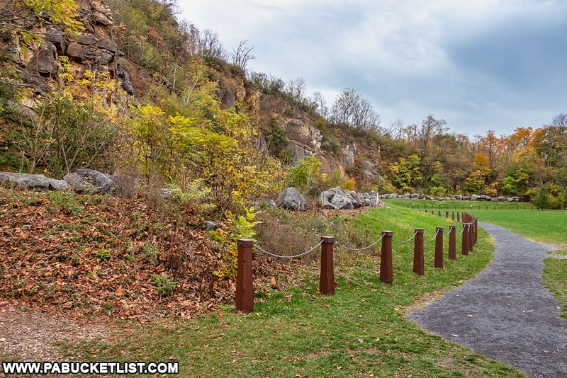 The walking trail leading to the lower overlook at Chimney Rocks Park in Blair County.