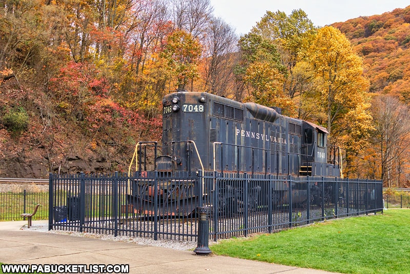 Train engine on display next to the Horseshoe Curve.