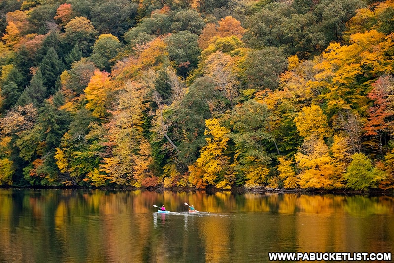 Kayakers on Laurel Hill Lake at Laurel Hill State Park.