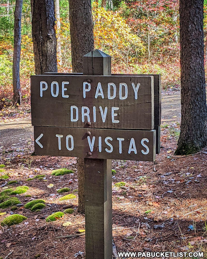 Poe Paddy Drive sign at intersection with Pine Swamp Road in the Bald Eagle State Forest.