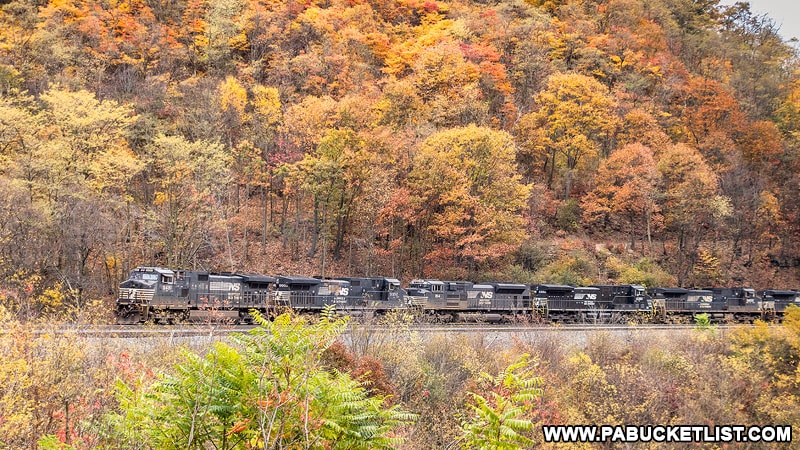 A westbound Norfolk Southern train passing through the Horseshoe Curve near Altoona in October 2020.