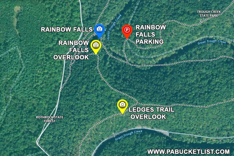 Directions to the Ledges Trail Overlook and Rainbow Falls Overlook at Trough Creek State Park.