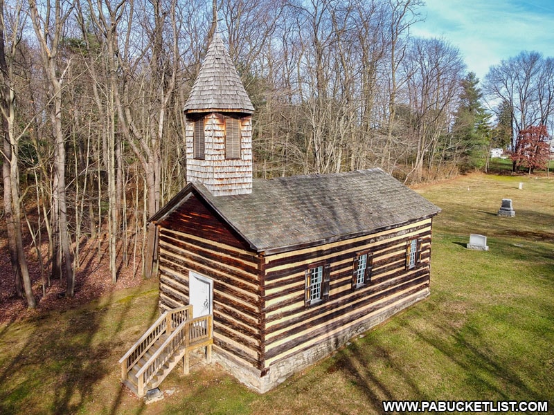 An aerial view of the Saint Severin Old Log Church in Clearfield County Pennsylvania.