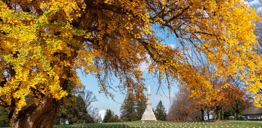 Looking out across the National Cemetery in Gettysburg towards the Soldiers' National Monument.