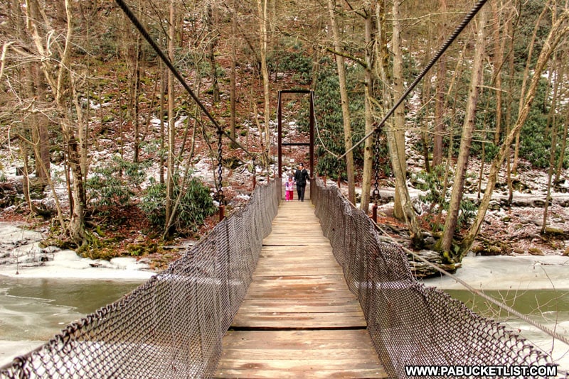 Winter at the suspension bridge over Trough Creek State Park.