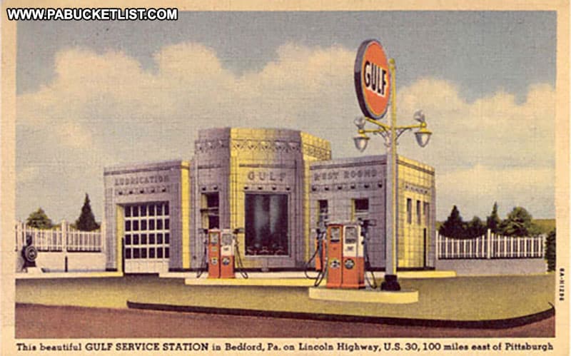 Dunkle's Gulf Station in Bedford featured on a postcard from the heyday of the Lincoln Highway.