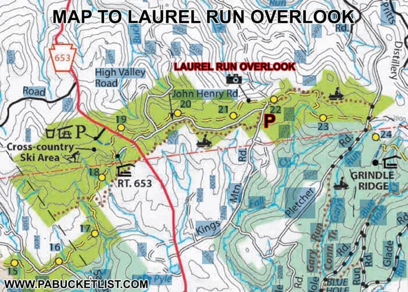 A map of the Laurel HIghlands Hiking Trail near Laurel Run Overlook.