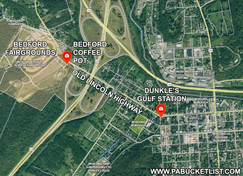 A map to Dunkle's Gulf Station and the Bedford Coffee Pot along the Lincoln Highway in Bedford.