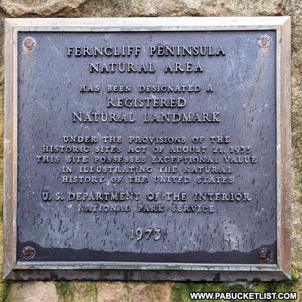 Ferncliff Peninsula Natural Area plaque.